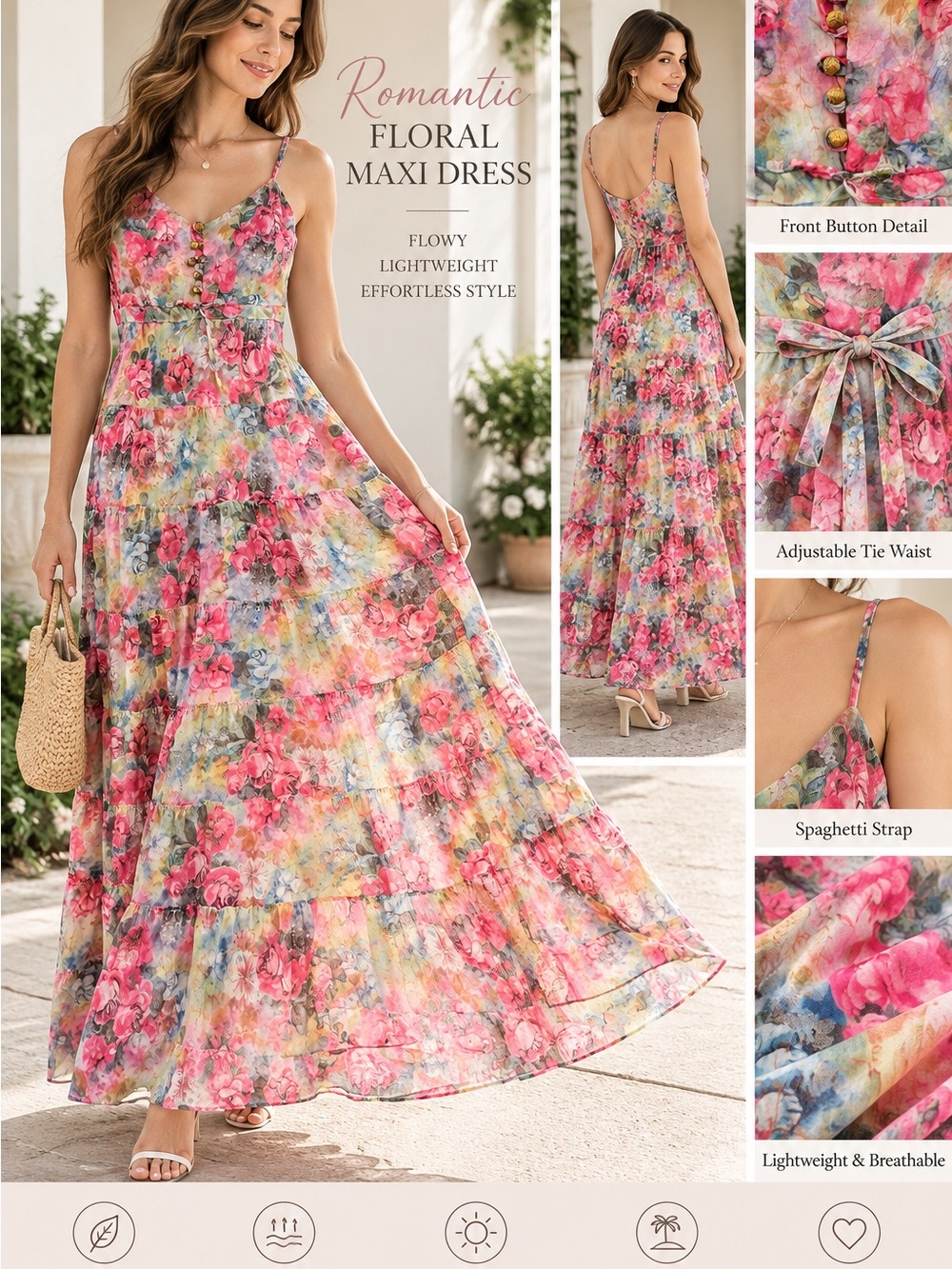 Romantic Floral Tiered Maxi Dress Spaghetti Strap Flowy